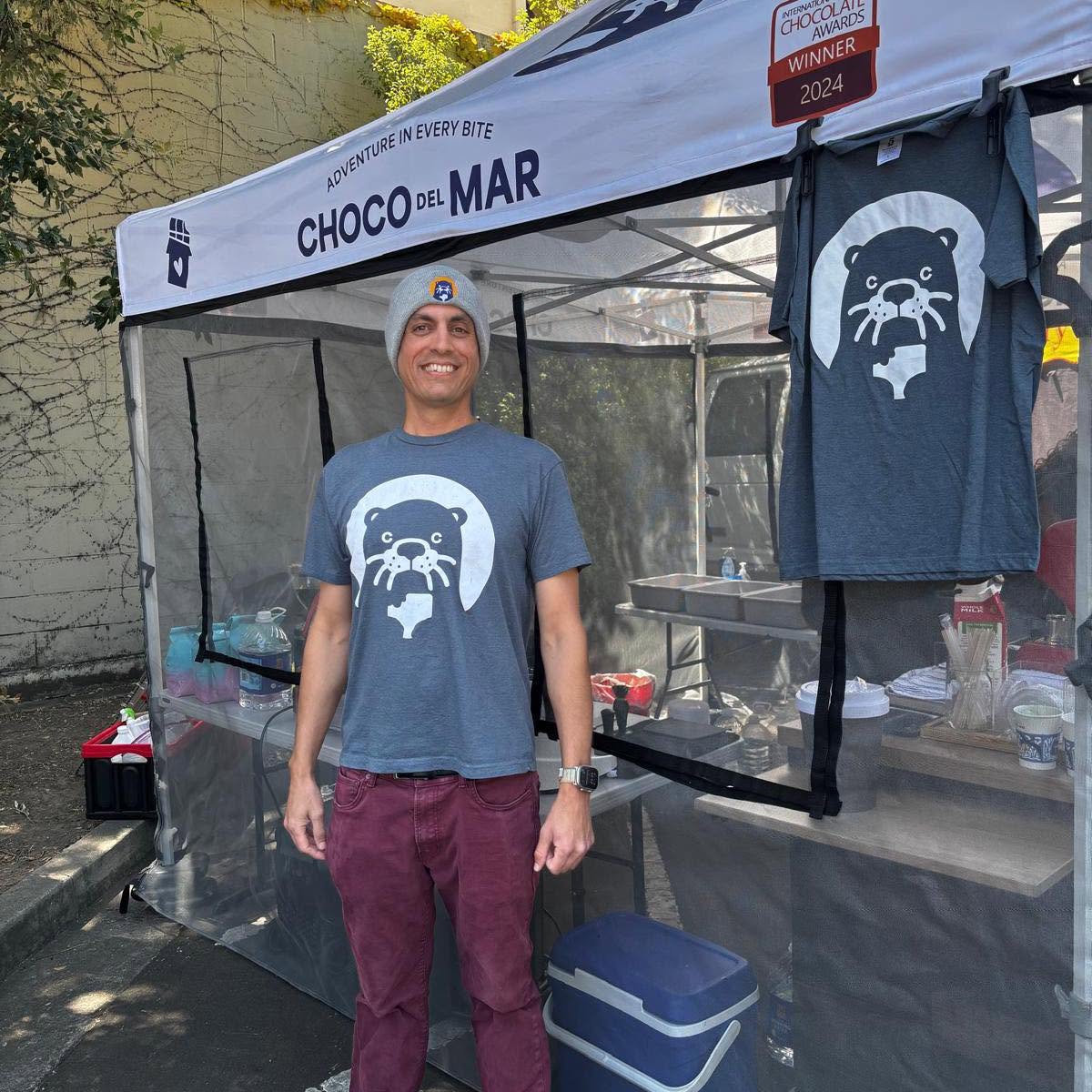 Kumar in front of the Choco Del Mar Popup