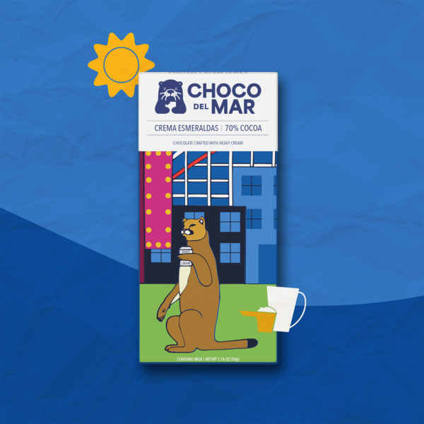 Crema Esmeraldas Front Packaging with artwork of a mountain lion holding a cup of heavy cream Stylized with a sun and a pitcher, and measuring cup, of cream.