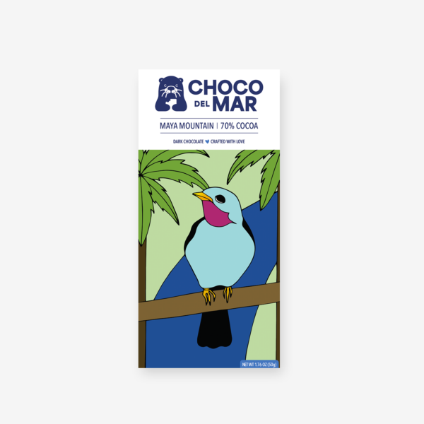 Maya Mountain | 70% Cocoa Front Packaging with artwork of a bird.