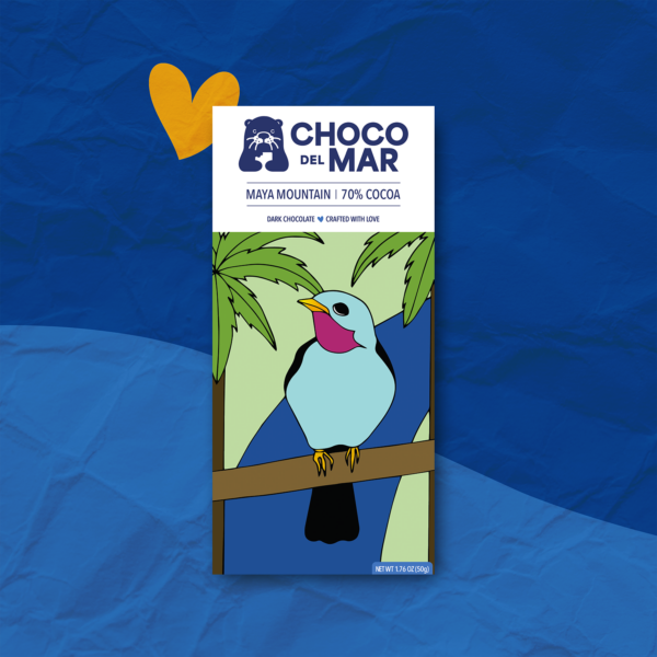 Maya Mountain | 70% Cocoa Front Packaging with artwork of a bird Stylized with a heart.