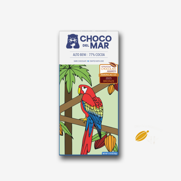 Alto Beni | 77% Cocoa Front Packaging with artwork of a bird