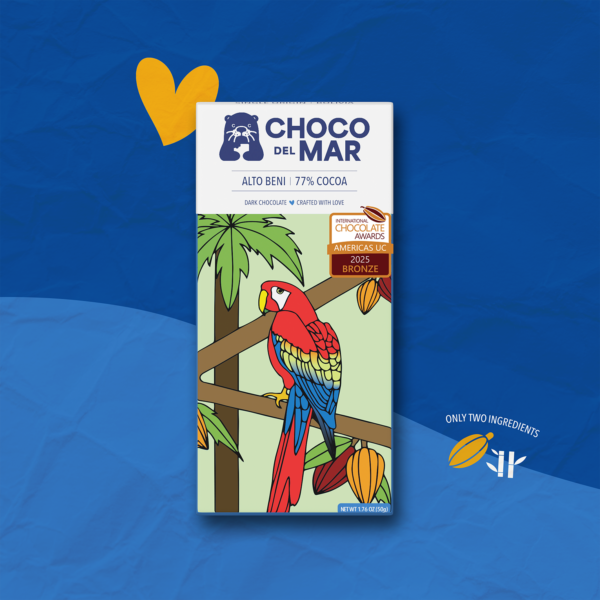 Alto Beni | 77% Cocoa Front Packaging with artwork of a bird Stylized with a heart, a cocoa pod, sugar cane and the text "only two ingredients"