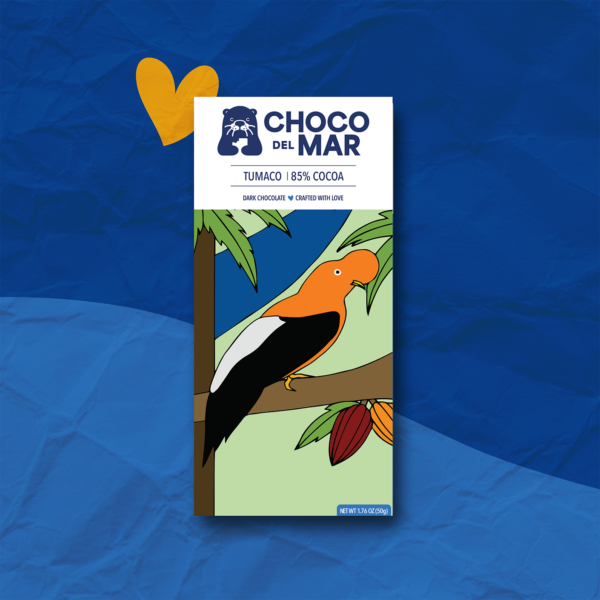 Tumaco | 85% Cocoa Front Packaging with artwork of a bird Stylized with a heart.