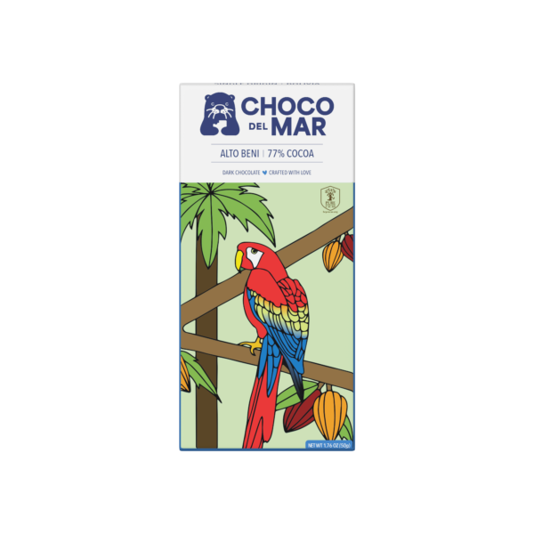 Alto Beni | 77% Cocoa Front Packaging with artwork of a bird