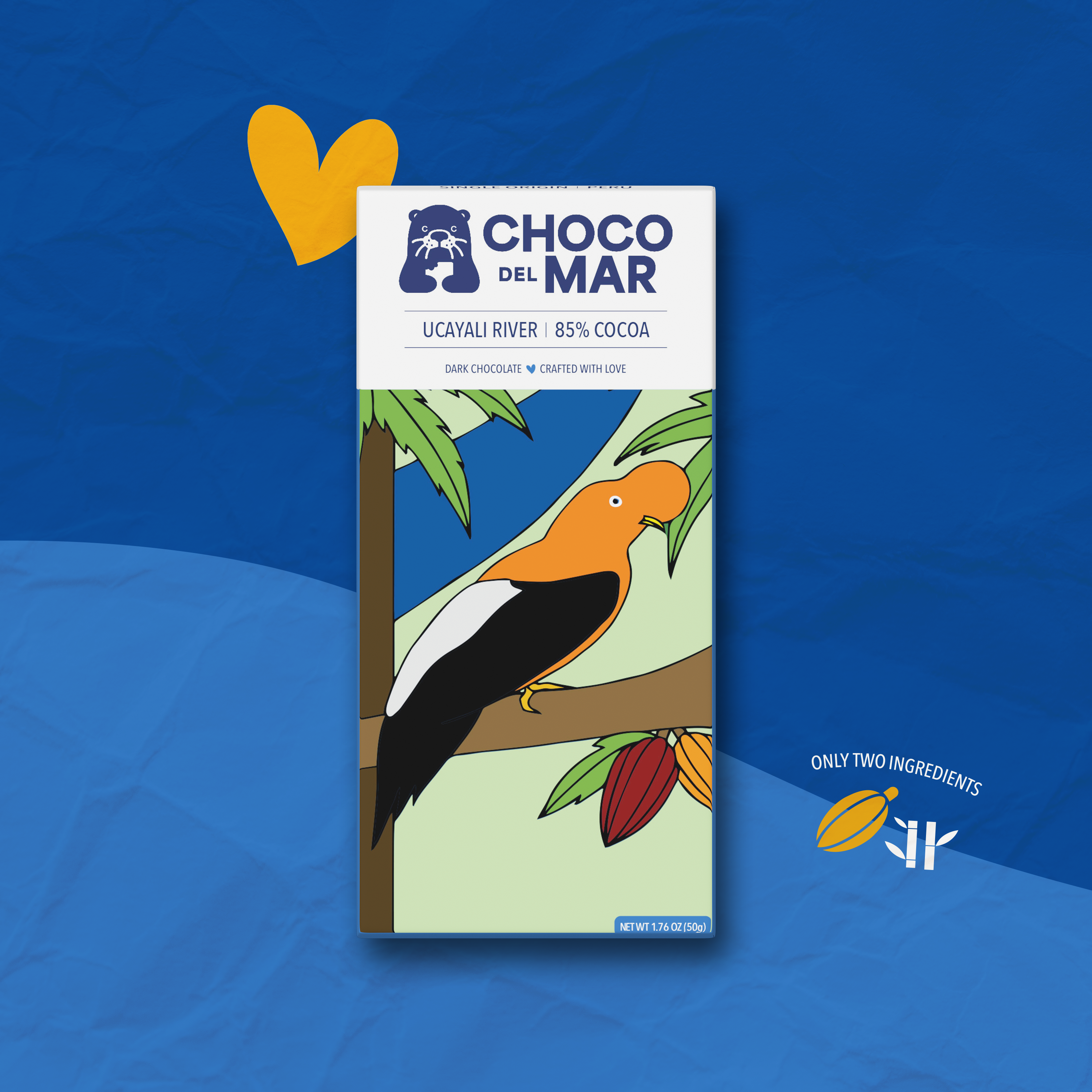 Ucayali River | 85% Cocoa Front Packaging with artwork of a bird Stylized with a heart, a cocoa pod, sugar cane and the text "only two ingredients"