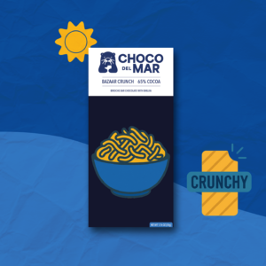 Image of the Bazaar Crunch packaging with a sun icon as well as an icon that says the bar is crunchy.