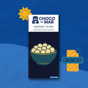 Image of front package with a bowl of macadamia nuts. There is an icon of a sun and a crunchy chocolate bar.