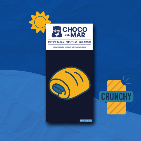 Image of the Reverse Pain Au Chocolat packaging with a stylized background of a Sun and Crunchy bar icon