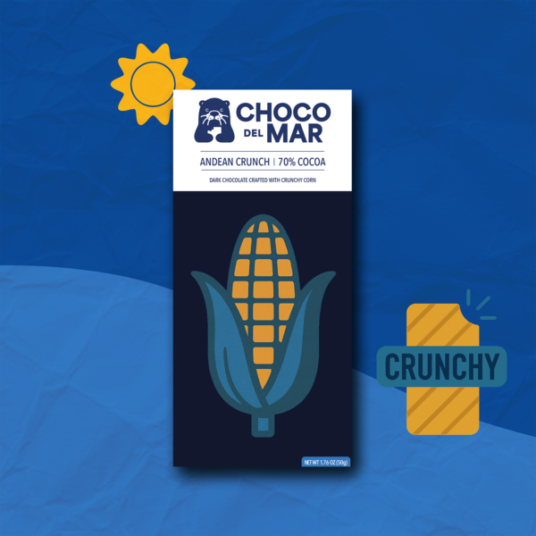 Choco Del Mar 'Andean Crunch' chocolate bar featuring 70% cocoa, crafted with crunchy corn. Stylized packaging with a illustration of a piece of corn. Icons in the background indicate the bar is Crunchy. There's also a sun icon.