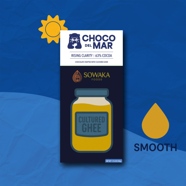 Choco Del Mar 'Rising Clarity' chocolate bar featuring 63% cocoa, crafted with cultured ghee. Stylized packaging with a jar of Ghee and the 'Sowaka Foods' logo. Icons in the background indicate the bar is smooth. There's also a sun icon.
