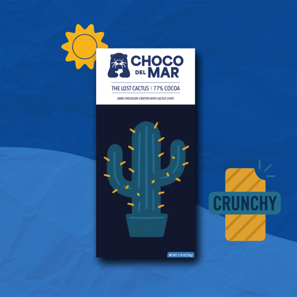 Choco Del Mar 'The Lost Cactus' chocolate bar featuring 77% cocoa, crafted with cactus chips. Stylized packaging with a cactus illustration. Icons in the background indicate the bar is Crunchy. There's also a sun icon.