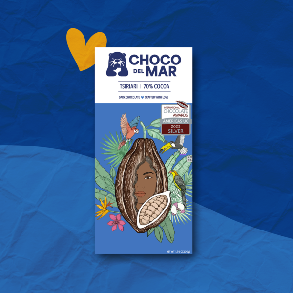 Tsiriari, Peru | 70% Cocoa. Front Package stylized with a heart, artwork of a cocoa pod, women and birds