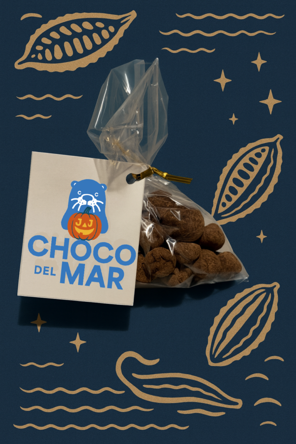 A stylized photo of a bag of chocolates. there is an attached card with the choco del mar logo holding a pumpkin.