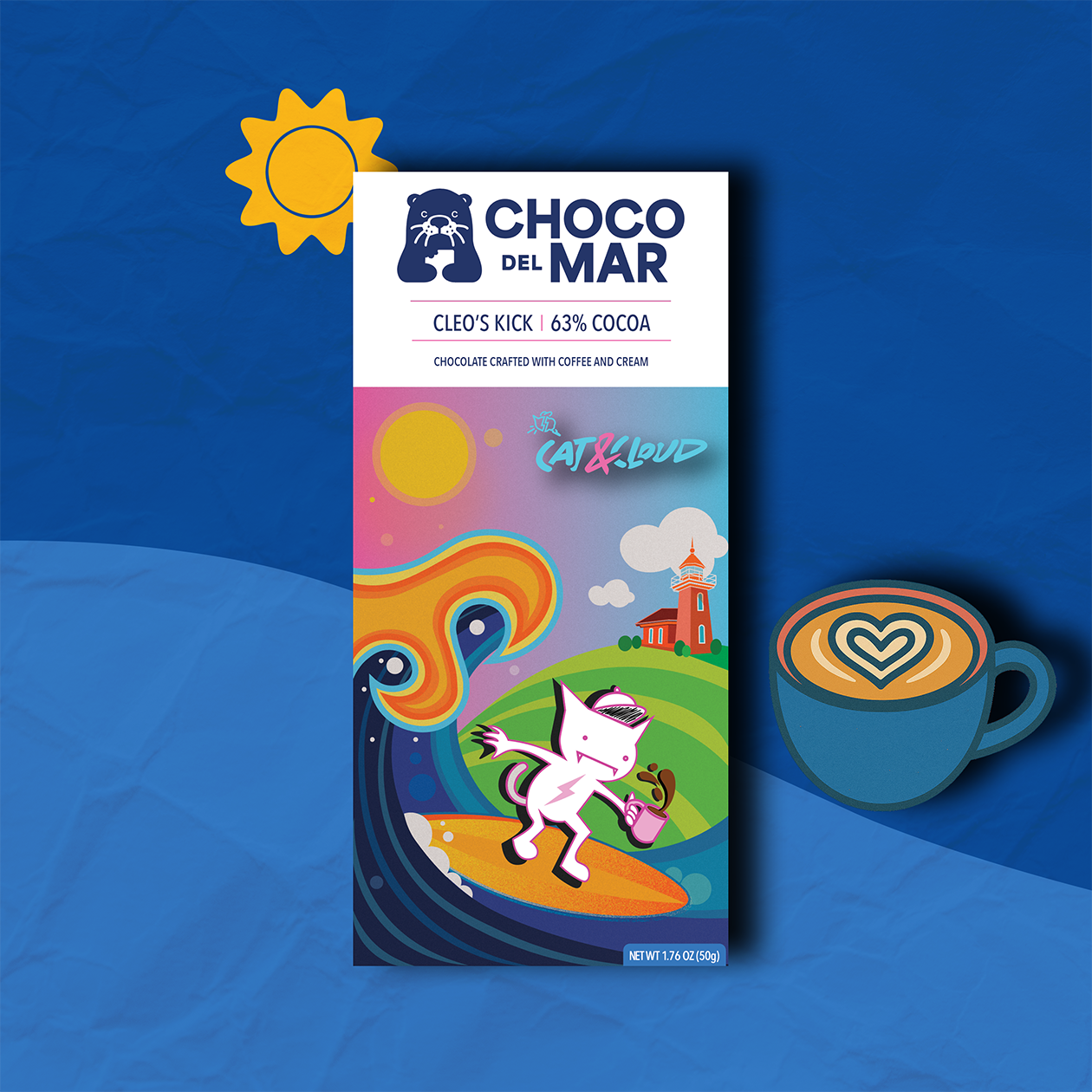 Cleos Kick Front Packaging of Cleo's Kick featuring a cat on a surf board and a cup of coffee. in the background is a light house. The image has been stylized with a sun and a cup of coffee.