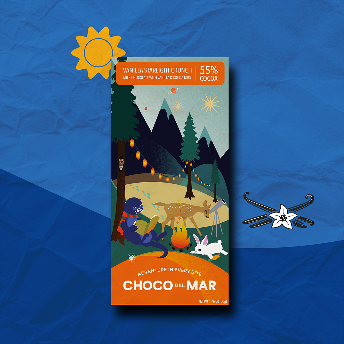 Vanilla Starlight Crunch - Stylized Front Package of Vanilla Starlight Crunch featuring an otter reading a book, a deer looking through a telescope and a bunny by the fire. the image has been stylized with a sun and vanilla bean.